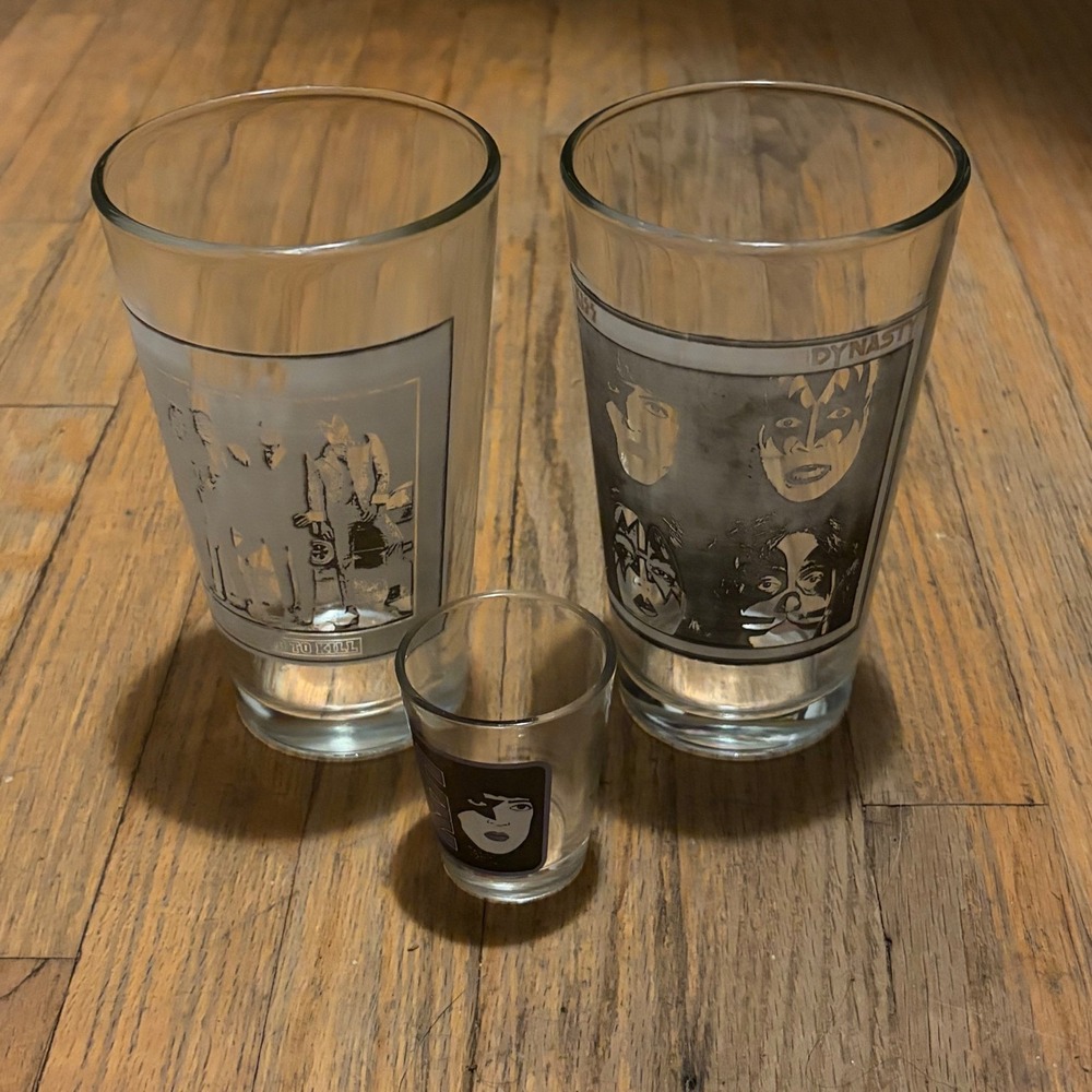 KISS Vintage Drinking Glasses Lot Dynasty Dressed to Kill Shot Glass 3 Pc